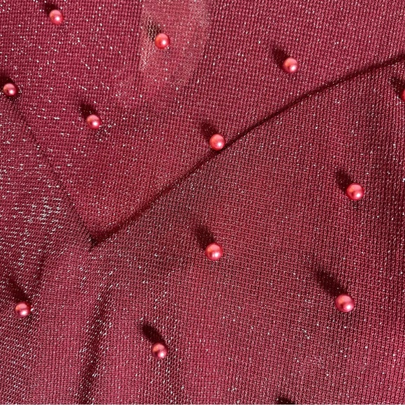 NWT CHOCOLATE USA BURGUNDY PEARL STUDDED METALLIC KNIT BODYSUIT, LONG SLEEVED. - Picture 3 of 7